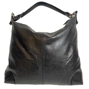 90s Express Genuine Leather Hobo Shoulder Bag Black Buckle Accent Medium